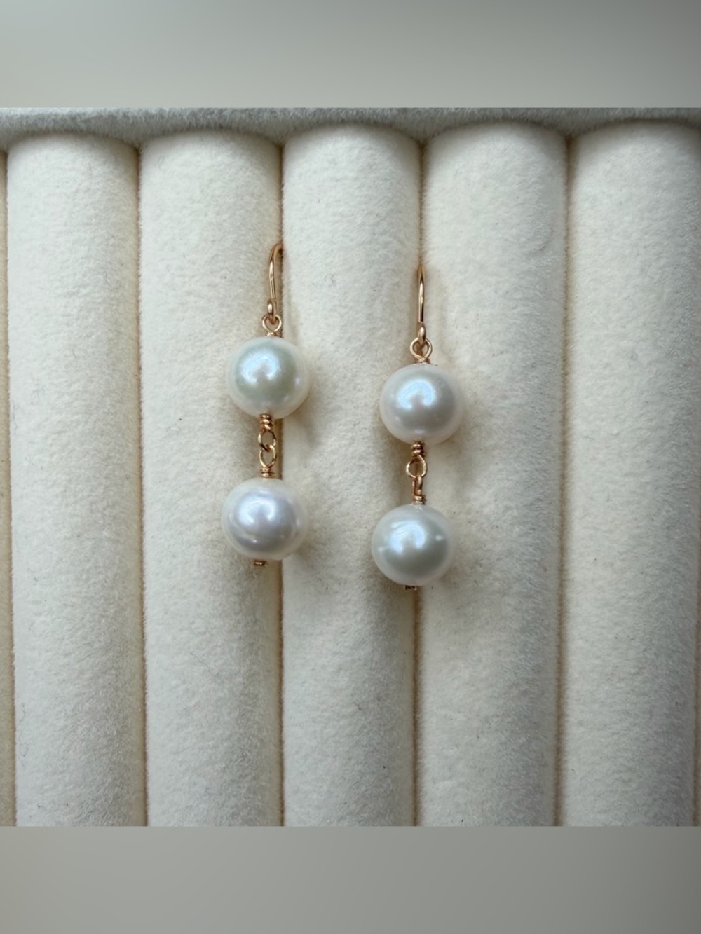 Double Pearl Drop Earrings with Gold Hooks - White Pearls
